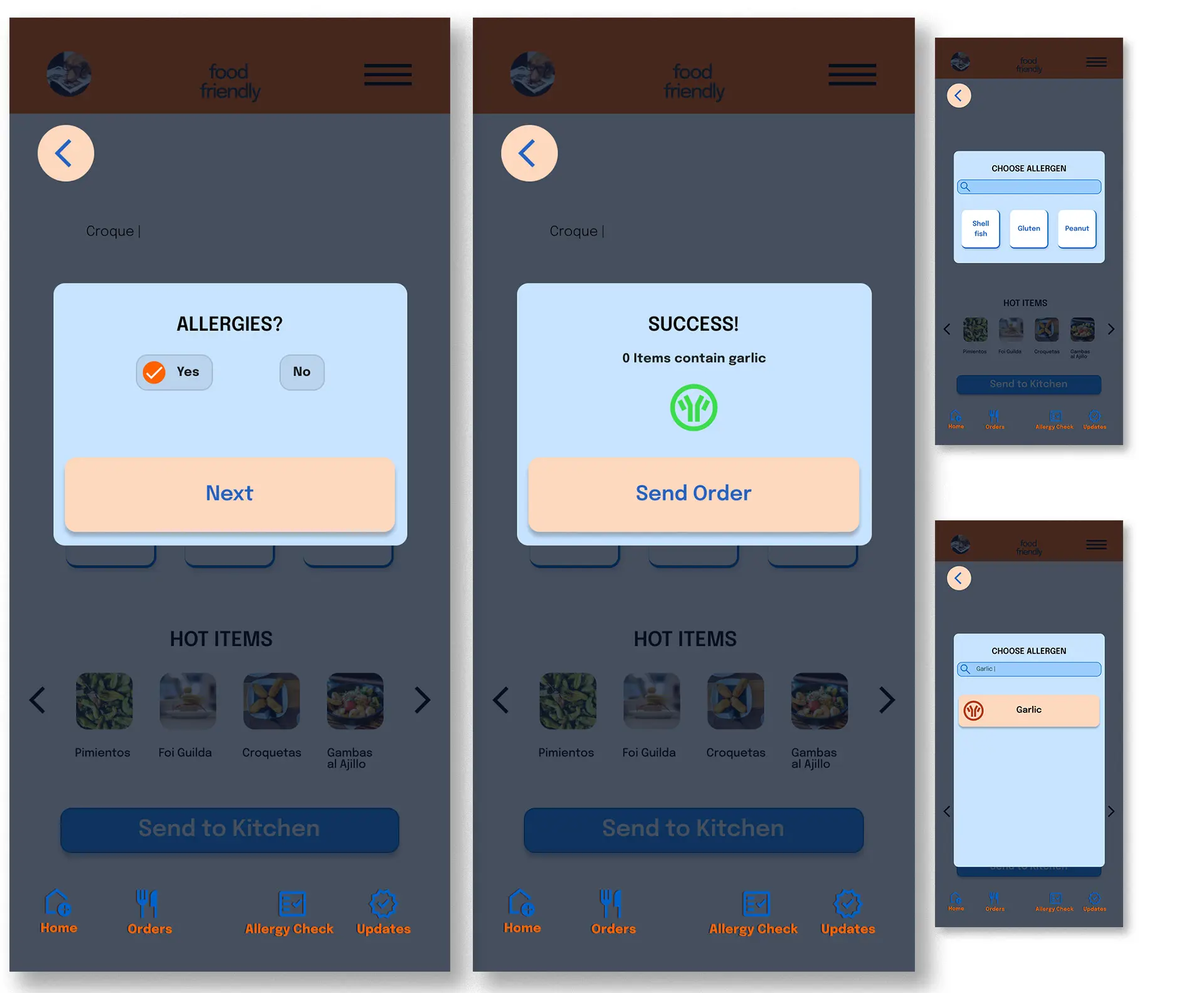 Mockup images of screens that showcase the allergy check process of food friendly.