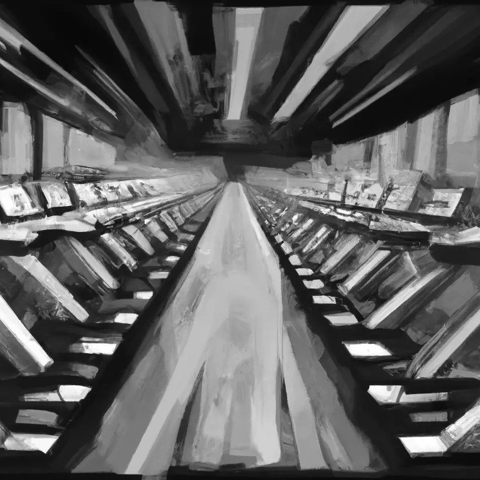 A black and white painting of a hallway of treadmills.