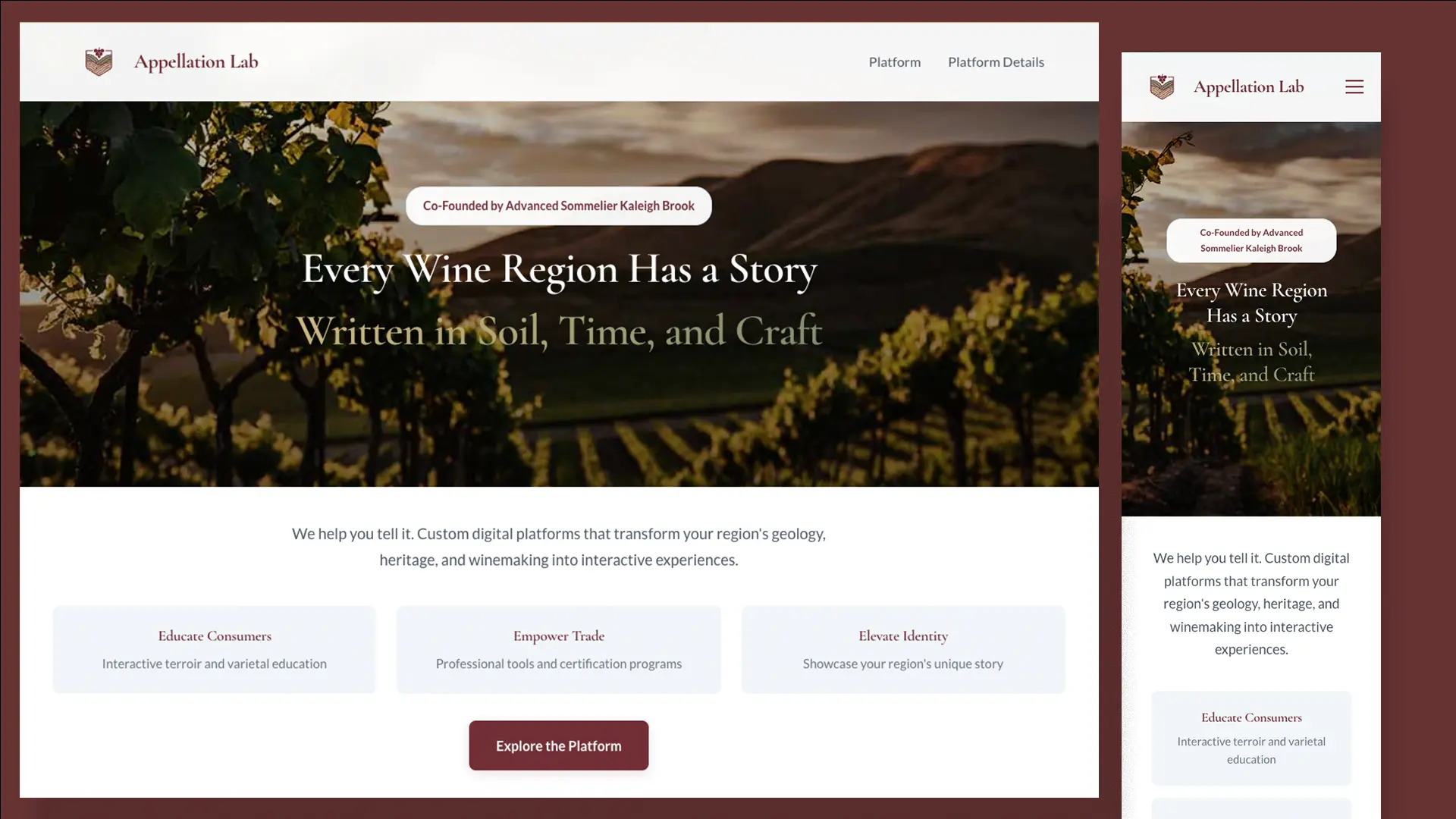Website design mockup for Appellation Lab (Co-Founded)