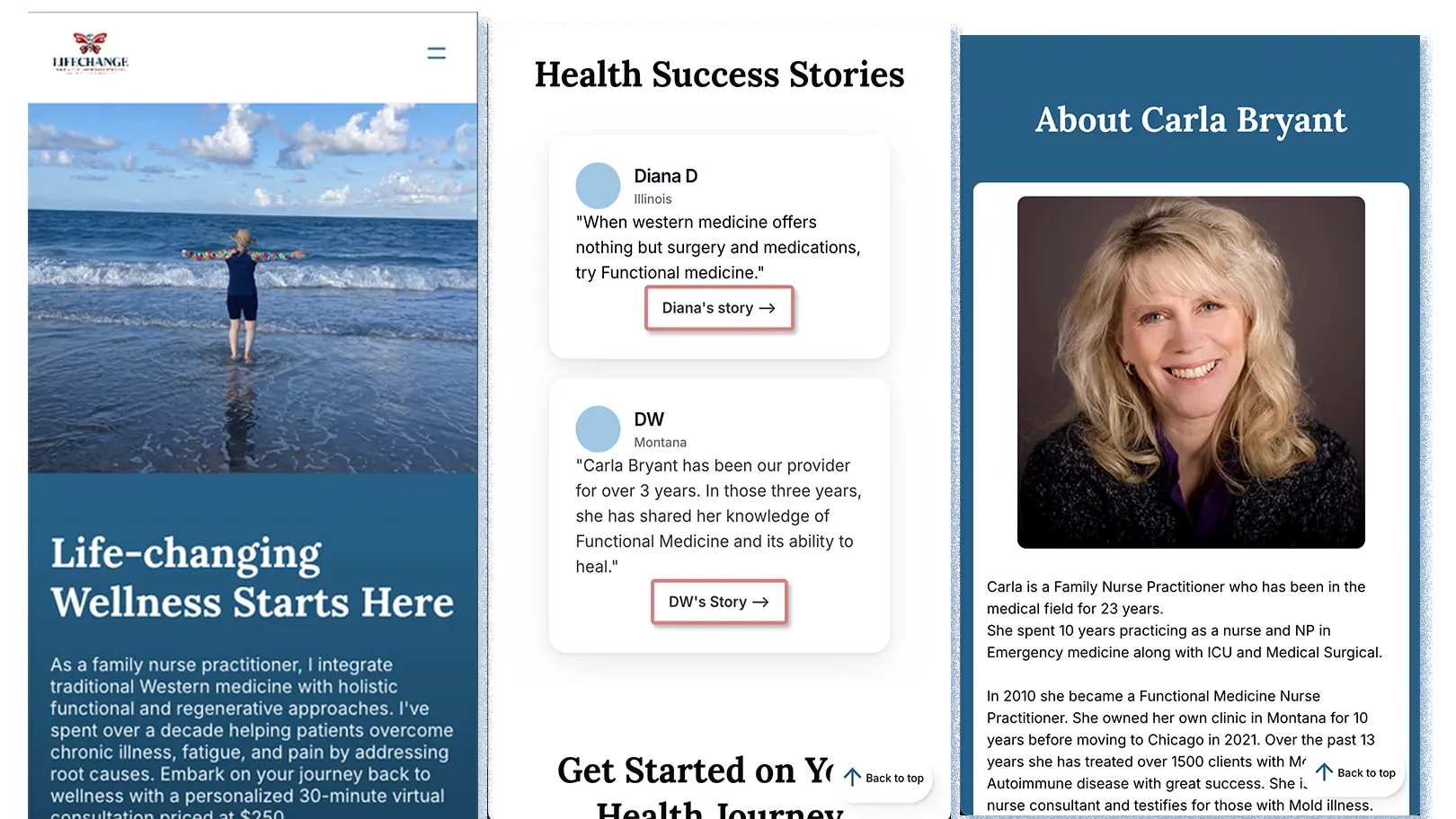 Website design mockup for Carla Bryan, APRN-NP